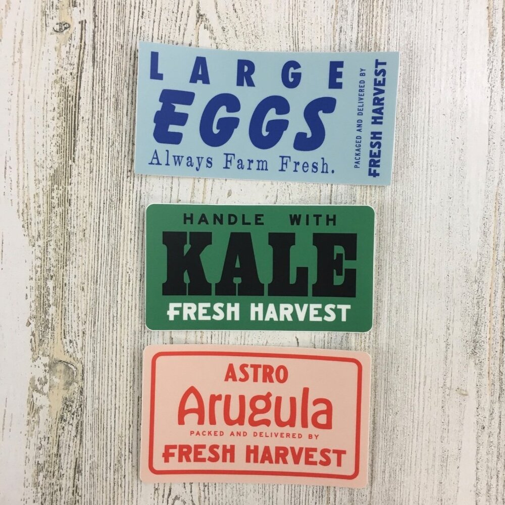 Fresh Harvest Atlanta GA Lot of 3 Farm Produce Stickers Eggs Kale Arugula NEW
